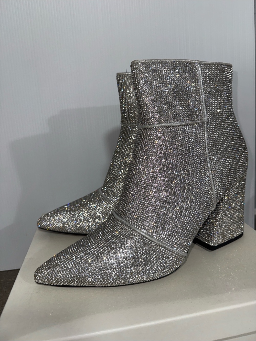 Silver Rhinestone Crystal Embellished Pointed Toe Block Heel Ankle Boots Size 11